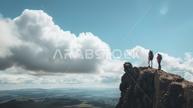 رجلان يقفان على قمة جبل، الجبال الصخرية في المملكة العربية السعودية، القمم والمرتفعات الجبلية، منظر السماء المليئة بالغيوم، أماكن سياحية في السعودية