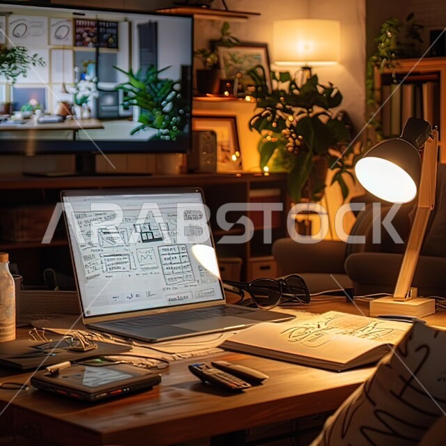 Working in the field of programming, a close-up of a laptop computer next to a lamp on a table, the concept of updating and developing software, using indoor plants for decoration