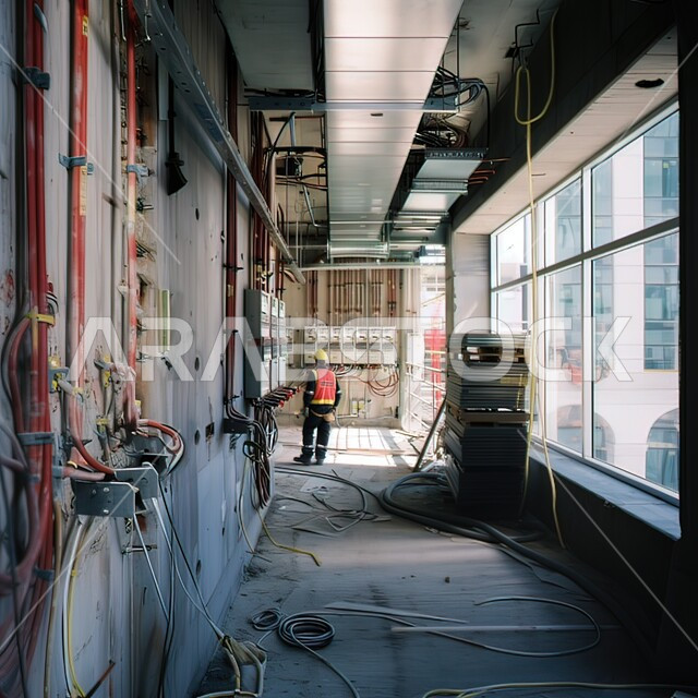 عامل فني كهربائي يرتدي خوذة الحماية ويستخدم يعمل في المحطة، صيانة وتركيب لوحة عداد الكهرباء، مفهوم الهندسة الكهربائية، مهن ووظائف سعودية