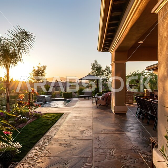 الفن الهندسي المعماري للفلل سكنية سياحية في المملكة العربية السعودية، الاهتمام بزراعة الاشجار و النباتات في الشاليهات، منظر الفناء الخارجي لفيلا فاخره في وقت غروب الشمس، ديكورات ذات تصاميم مميزة