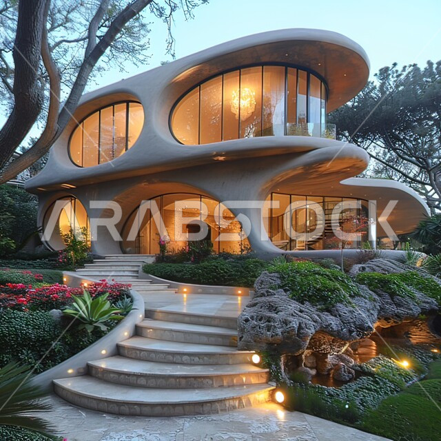 الاهتمام بزراعة الاشجار و النباتات في الشاليهات، منظر الفناء الخارجي لفيلا فاخره في وقت غروب الشمس، ديكورات ذات تصاميم مميزة، الفن الهندسي المعماري للفلل سكنية سياحية في المملكة العربية السعودية