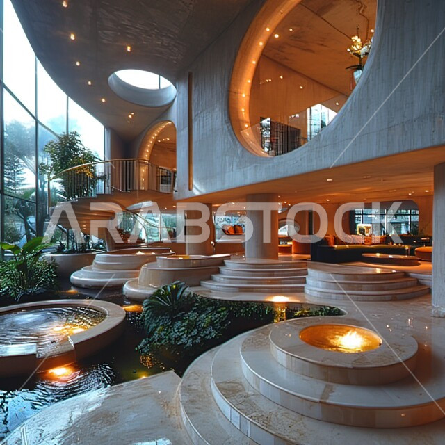 View of the outer courtyard of a luxury villa at sunset, attention to planting trees and plants in the chalets, decorations with distinctive designs, architectural engineering art for tourist residential villas in the Kingdom of Saudi Arabia