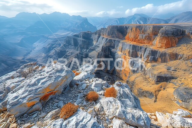 A 3D image of natural rock formations and formations, rocky peaks and mountains in the Kingdom of Saudi Arabia, soft sand dunes, a view of the sky full of clouds in the desert