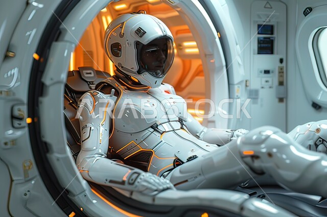 فنون الخيال العلمي، رحلات فضائية إلى القمر، صورة ثلاثية الابعاد لرائد فضاء يردي البدلة المخصصة يجلس داخل سفينة فضاء، تكنولوجيا المستقبل والتطور الرقمي، الذكاء الإصطناعي والتقنية الحديثة