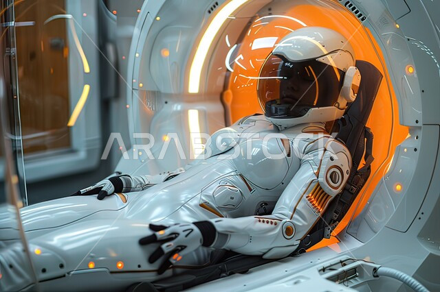 رحلات فضائية إلى القمر، صورة ثلاثية الابعاد لرائد فضاء يردي البدلة المخصصة يجلس داخل سفينة فضاء، فنون الخيال العلمي، تكنولوجيا المستقبل والتطور الرقمي، الذكاء الإصطناعي والتقنية الحديثة
