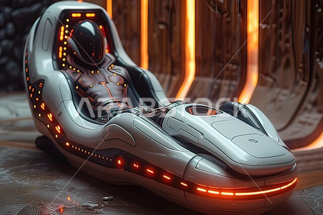 صورة ثلاثية الابعاد لرائد فضاء يردي البدلة المخصصة يجلس داخل سفينة فضاء، رحلات فضائية إلى القمر، فنون الخيال العلمي، تكنولوجيا المستقبل والتطور الرقمي، الذكاء الإصطناعي والتقنية الحديثة