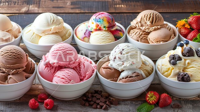 حلويات ومرطبات صيفية باردة، كرات الايس كريم المزينة، المثلجات اللذيذة بألوان ونكهات مختلفة، صورة مقربة لمجموعة أطباق من البوظة