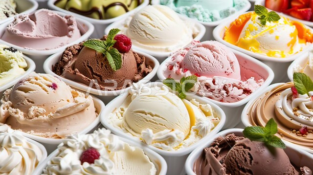 كرات الايس كريم المزينة، المثلجات اللذيذة بألوان ونكهات مختلفة، صورة مقربة لمجموعة أطباق من البوظة، حلويات ومرطبات صيفية باردة