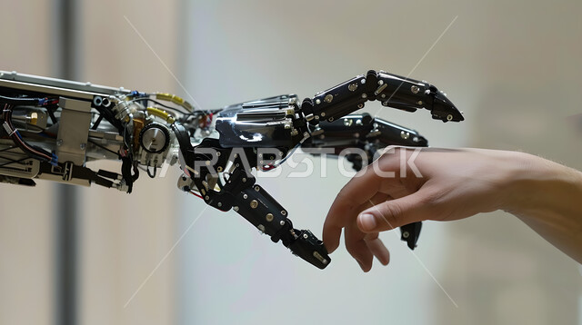Innovation, science and technology, the development of artificial intelligence and cooperation between it and humans, future vision 2030, digital transformation and technical progress, achieving the industrial revolution, a close-up image of a robot holding a human finger, the progress of modern technologies, white background
