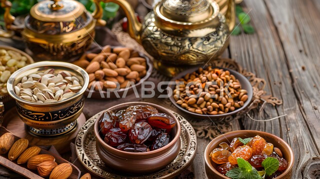 ضيافة رمضانية شهية، مصدر طبيعي للسكريات، صورة من الأعلى لأطباق مليئة بالتمر والفواكه المجففة الطازجة، تمور ومكسرات لذيذة، منتجات ومحاصيل زراعية محلية سعودية وطنية، وجبة ذات قيمة غذائية عالية، غذاء صحي ومفيد