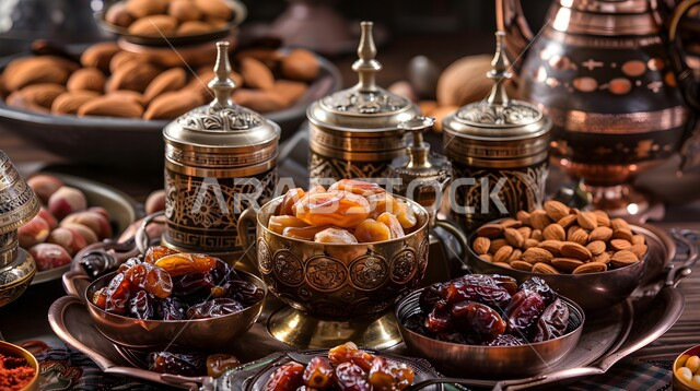 تمور ومكسرات لذيذة، منتجات ومحاصيل زراعية محلية سعودية وطنية، مصدر للدهون الصحية الطبيعية، وجبة ذات قيمة غذائية عالية، غذاء صحي ومفيد، ضيافة رمضانية شهية، صورة مقربة لأطباق مليئة بالتمر والفواكه المجففة الطازجة