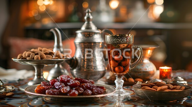 مشروبات رمضانية شهية، مصدر طبيعي للسكريات، صورة من الأعلى لأطباق مليئة بالتمر والفواكه المجففة الطازجة، تمور ومكسرات لذيذة، منتجات ومحاصيل زراعية محلية سعودية وطنية، وجبة ذات قيمة غذائية عالية، غذاء صحي ومفيد