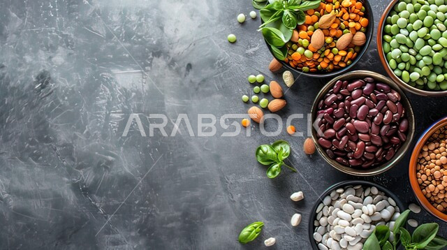 حبوب صحية ذات قيمة غذائية عالية، منتجات ومحاصيل وطنية محلية سعودية، صورة من الاعللى لمجموعة مختلفة من البقوليات، أوعية زجاجية مليئة بالبذور المغذية والمفيدة، خلفية رخامية