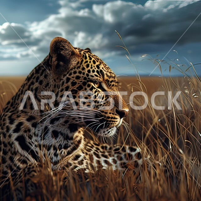 تربية و رعاية الحيوانات المفترسة، صورة مقربة لحيوان النمر المفترس،  المحميات الطبيعيةفي المملكة العربية السعودية، السماء المليئة بالغيوم، خلفية الطبيعة