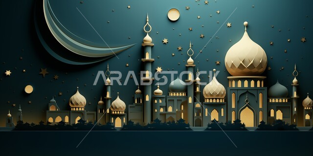 Decorations and decorations for the holy month of Ramadan, a greeting card and congratulations to celebrate the advent of the holy month, a spiritual Ramadan atmosphere, architectural art for the domes and minarets of mosques, Islamic backgrounds