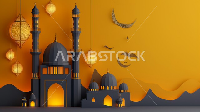 بطاقة معايدة وتهنئة للاحتفال بقدوم الشهر الفضيل، ديكورات وزينة شهر رمضان المبارك، أجواء رمضانية روحانية, الفن الهندسي المعماري لقبب ومآذن المساجد، خلفيات اسلامية