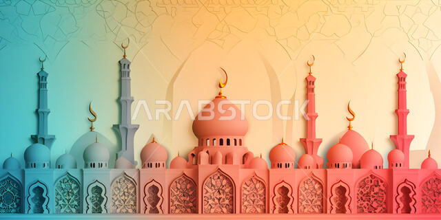 بطاقة معايدة وتهنئة للاحتفال بقدوم الشهر الفضيل، ديكورات وزينة شهر رمضان المبارك، أجواء رمضانية روحانية, الفن الهندسي المعماري لقبب ومآذن المساجد، خلفيات اسلامية
