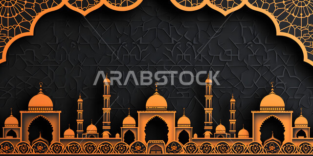 ديكورات وزينة شهر رمضان المبارك، بطاقة معايدة وتهنئة للاحتفال بقدوم الشهر الفضيل، أجواء رمضانية روحانية, الفن الهندسي المعماري لقبب ومآذن المساجد، خلفيات اسلامية 