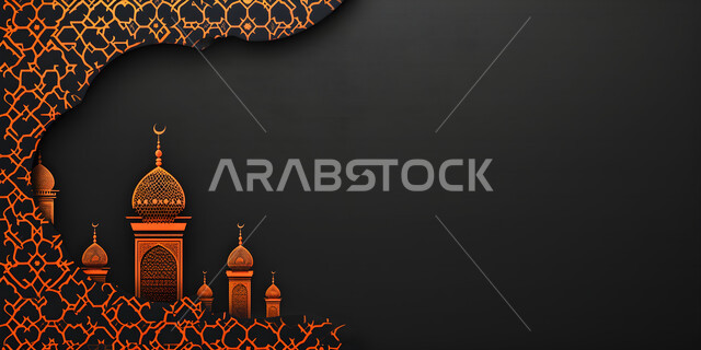 بطاقة معايدة وتهنئة للاحتفال بقدوم الشهر الفضيل، ديكورات وزينة شهر رمضان المبارك، أجواء رمضانية روحانية, الفن الهندسي المعماري لقبب ومآذن المساجد، خلفيات اسلامية