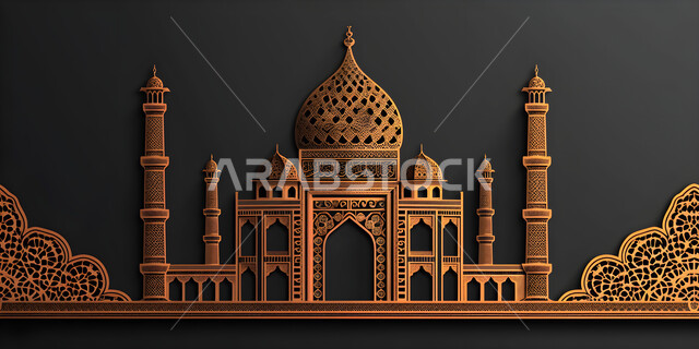 ديكورات وزينة شهر رمضان المبارك، بطاقة معايدة وتهنئة للاحتفال بقدوم الشهر الفضيل، أجواء رمضانية روحانية, الفن الهندسي المعماري لقبب ومآذن المساجد، خلفيات اسلامية 