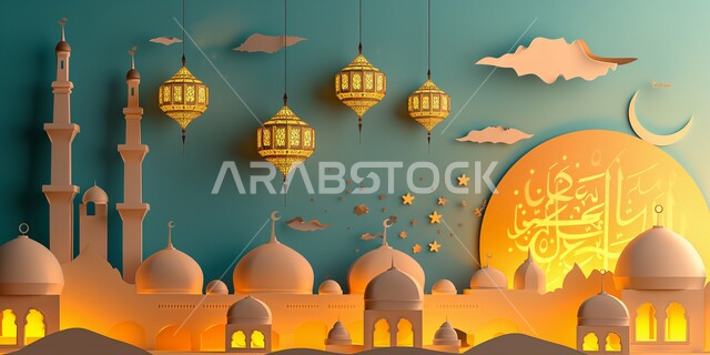 أجواء رمضانية روحانية, الفن الهندسي المعماري لقبب ومآذن المساجد باللون الأبيض، بطاقة معايدة وتهنئة للاحتفال بقدوم الشهر الفضيل، ديكورات وزينة شهر رمضان المبارك، خلفيات اسلامية 
