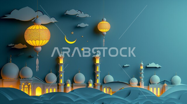 أجواء رمضانية روحانية, الفن الهندسي المعماري لقبب ومآذن المساجد باللون الأبيض، بطاقة معايدة وتهنئة للاحتفال بقدوم الشهر الفضيل، ديكورات وزينة شهر رمضان المبارك، خلفيات اسلامية 