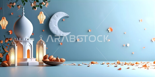 Hospitality for the holy month of Ramadan, decorative antiques and accessories, a decorative, illuminated metal Arabic lantern, decorations and lights in the spiritual Ramadan atmosphere, traditional Islamic lanterns and antiques to celebrate the coming of the month of goodness, healthy dates.