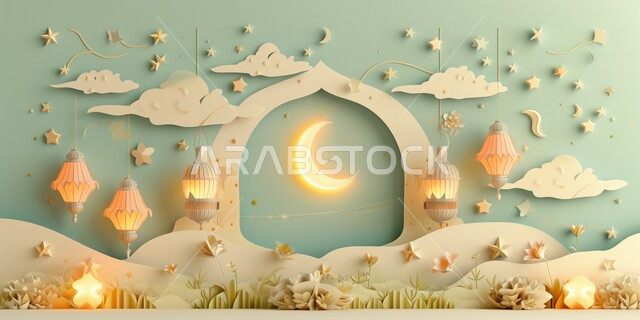 أنوار و زينة الاعياد والمناسبات الدينية ,الاستعداد لاستقبال شهر الخير والبركة, مجسمات ثلاثية الابعاد لفوانيس عربيه معدنيه مزخرفه معلقة, تحف واكسسوارات شهر رمضان المبارك، بطاقة معايدة وتهنئة للاحتفال بقدوم الشهر الفضيل، خلفيات اسلامية 