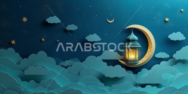 بطاقة معايدة وتهنئة للاحتفال بقدوم الشهر الفضيل، تحف واكسسوارات شهر رمضان المبارك، أنوار و زينة الاعياد والمناسبات الدينية, الاستعداد لاستقبال شهر الخير والبركة, مجسمات ثلاثية الابعاد لفوانيس عربيه معدنيه مزخرفه معلقة, خلفيات اسلامية