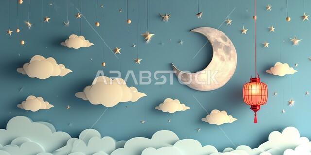 تحف واكسسوارات شهر رمضان المبارك، أنوار و زينة الاعياد والمناسبات الدينية, هلال شهر الخير والبركة باللون الذهبي, مجسمات ثلاثية الابعاد لفوانيس عربيه معدنيه مزخرفه معلقة, بطاقة معايدة وتهنئة للاحتفال بقدوم الشهر الفضيل، خلفيات اسلامية 