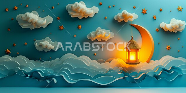 Greeting and congratulation cards to celebrate the coming of the holy month, antiques and accessories for the holy month of Ramadan, lights and decorations for holidays and religious occasions, preparing to welcome the month of goodness and blessings, three-dimensional models of hanging decorative metal Arabic lanterns, Islamic backgrounds