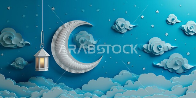 Antiques and accessories for the holy month of Ramadan, lights and decorations for holidays and religious occasions, the crescent of the month of goodness and blessing in golden color, three-dimensional models of hanging decorative metal Arabic lanterns, a greeting card and congratulations to celebrate the advent of the holy month, Islamic backgrounds