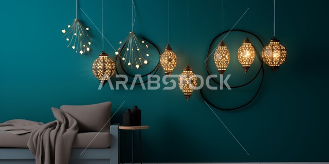 فوانيس عربيه معدنيه مزخرفه معلقة داخل غرفة المعيشة, بطاقة معايدة وتهنئة للاحتفال بقدوم الشهر الفضيل، تحف واكسسوارات شهر رمضان المبارك، أنوار و زينة الاعياد والمناسبات الدينية, الاستعداد لاستقبال شهر الخير والبركة, خلفيات اسلامية