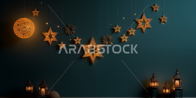 بطاقة معايدة وتهنئة للاحتفال بقدوم الشهر الفضيل، تحف واكسسوارات شهر رمضان المبارك، أنوار و زينة الاعياد والمناسبات الدينية, الاستعداد لاستقبال شهر الخير والبركة, مجسمات ثلاثية الابعاد لفوانيس عربيه معدنيه مزخرفه معلقة, خلفيات اسلامية