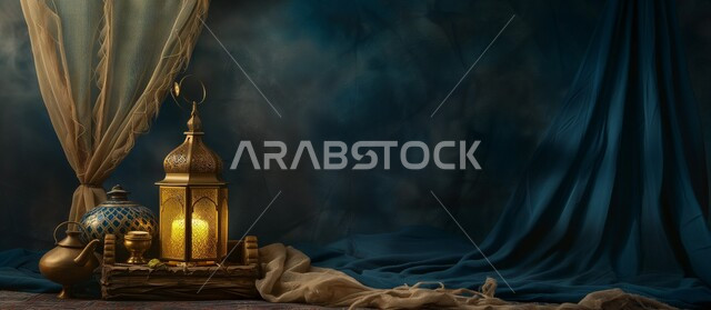 تحف وديكورات تقليدية للاحتفال بقدوم شهر رمضان المبارك، أجواء رمضانية وروحانية إسلامية، فانوس عربي معدني مزخرف مضيء، العادات والتقاليد العربية في زينة الأعياد والمناسبات الدينية