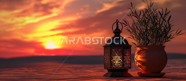 العادات والتقاليد العربية في زينة الأعياد والمناسبات الدينية، تحف وديكورات تقليدية للاحتفال بقدوم شهر رمضان المبارك، أجواء رمضانية وروحانية إسلامية، فانوس عربي معدني مزخرف، خلفية غروب الشمس في الصحراء