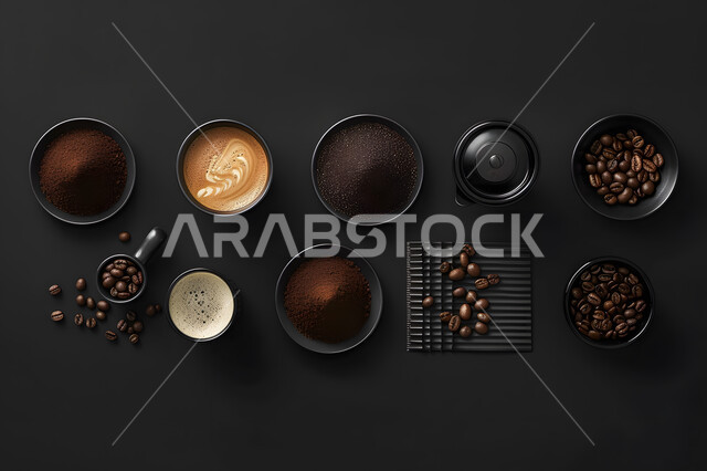 أكواب القهوة العربية الخليجية على طاولة داكنة, مطاعم ومقاهي المملكة العربية السعودية, المشروبات الساخنة الشهيرة, عادات وتقاليد العرب بالضيافة, خلفية سوداء