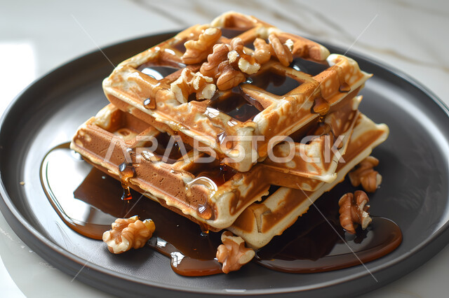 طرق تقديم الحلويات في المطاعم والمقاهي في المملكة العربية السعودية, حلويات باردة لذيذة، قطع الحلوى الشهية، أطباق عالية السعريات الحرارية، طبق من حلى الوافل مع الكارميل والجوز