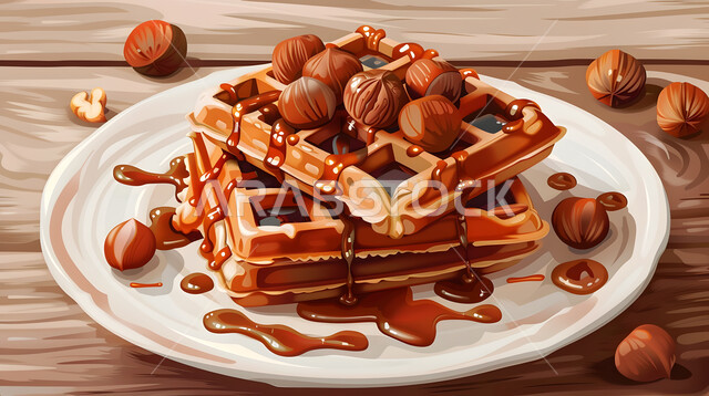 حلويات باردة لذيذة، قطع الحلوى الشهية، أطباق عالية السعريات الحرارية، طبق من حلى الوافل مع الكارميل والبندق, طرق تقديم الحلويات في المطاعم والمقاهي في المملكة العربية السعودية