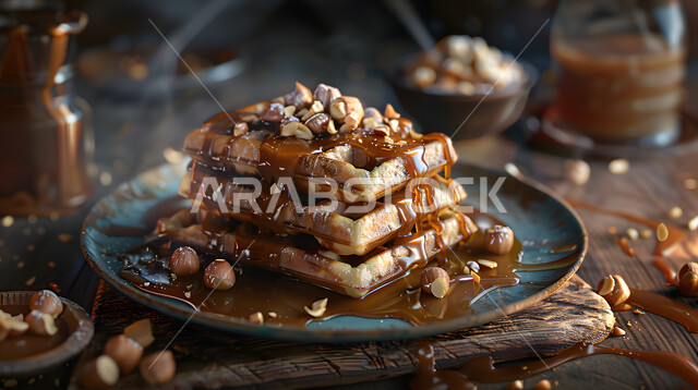 قطع الحلوى الشهية، حلويات باردة لذيذة، أطباق عالية السعريات الحرارية، طبق من حلى الوافل مع الكارميل والمكسرات, طرق تقديم الحلويات في المطاعم والمقاهي في المملكة العربية السعودية