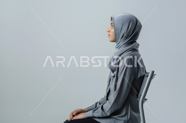 تعابير التمعن و التركيز ,بورتريه لسيده عربية خليجيه سعودية محجبة تجلس على الكرسي وتنظر الى شيء ما بإيماءات شرود الذهن, مفهوم التأمل و الاسترخاء, خلفية رمادية