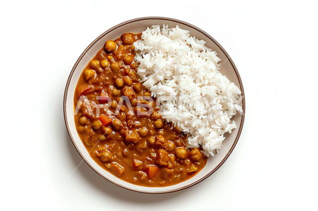 أطباق عربية تقليدية شعبية, صورة علوية عامودية لطبق من الأرز مع الحمص والتوابل والصوص الحار، وصفات طعام المطبخ السعودي، المأكولات الشرقية الشهية, خلفية بيضاء