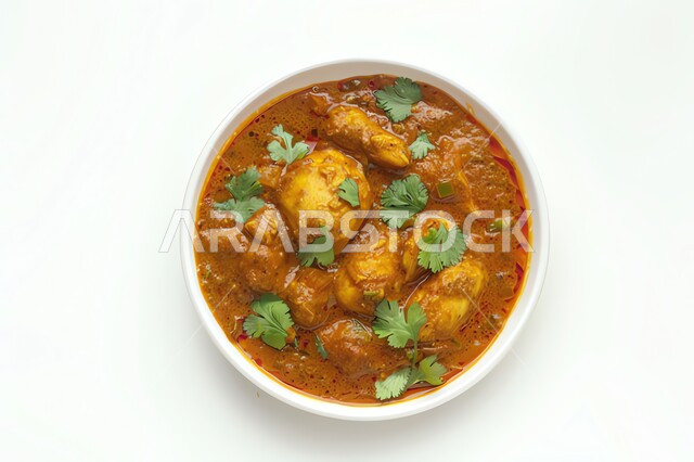 Restaurants in the Kingdom of Saudi Arabia, popular traditional Arabic meals and dishes, a vertical overhead photo of a plate of curry chicken pieces decorated with parsley, Saudi cuisine food recipes, delicious oriental food, white background
