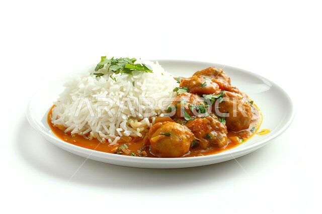 وجبات وأطباق عربية تقليدية شعبية, طبق من قطع الدجاج بالكاري مع الأرز المزين بالبقدونس، وصفات طعام المطبخ السعودي، المأكولات الشرقية الشهية, خلفية بيضاء