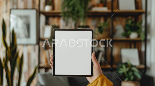 استخدام الأجهزة المحمولة والتقنيات الحديثة والمتطورة، صورة مقربة ليد امرأة تحمل جهاز تابلت محمول بشاشة بيضاء فارغة، النباتات والأزهار المنزلية الخضراء