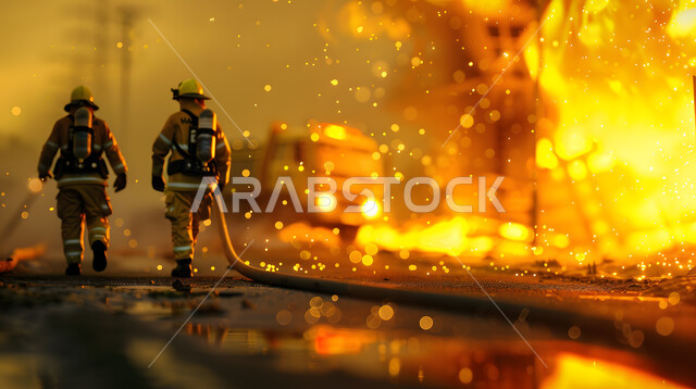 Saudi professions and jobs, the concept of courage and dedication, a picture from the back of firefighters wearing protection uniforms fighting the fire, putting out huge fires, civil defense and civil protection, trying to save lives inside the fire