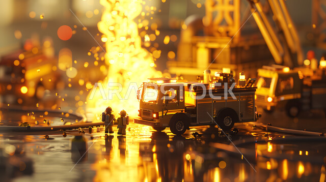 Trying to save lives inside a fire, the concept of courage and dedication, small models of a car and firefighters helping to put out huge fires, civil defense and civil protection, Saudi professions and jobs