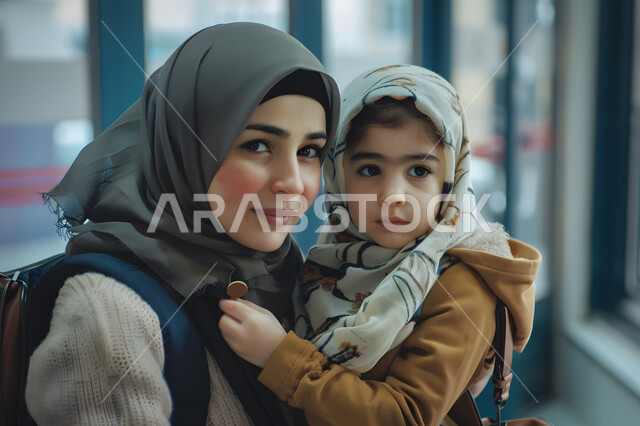 الاستعداد للذهاب والتسوق, الاهتمام و الاعتناء بالابناء, ايماءات السرور و السعادة, الترفيه و التنزه في الخارج, صورة مقربة لأم عربيه خليجيه سعودية محجبة تحمل ابنتها وتنظر الى الكاميرا