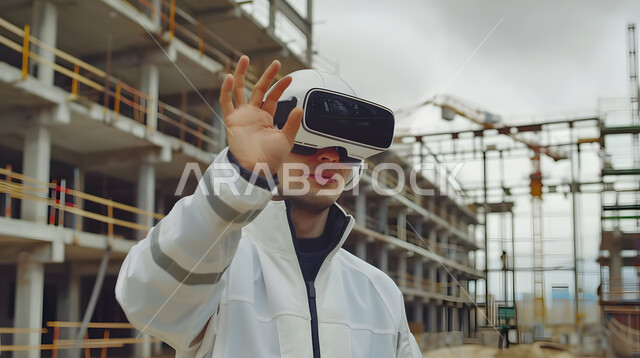التفاعل ومحاكاة العالم الخيالي, صورة مقربة لمهندس عربي خليجي سعودي يرتدي الزي الخاص بالعمل يقوم بمشاهدة المخططات الهندسية عبر نظارة الواقع الافتراضي ثلاثية الأبعاد, الحماس والاندماج ومحاولة امساك شيء ما