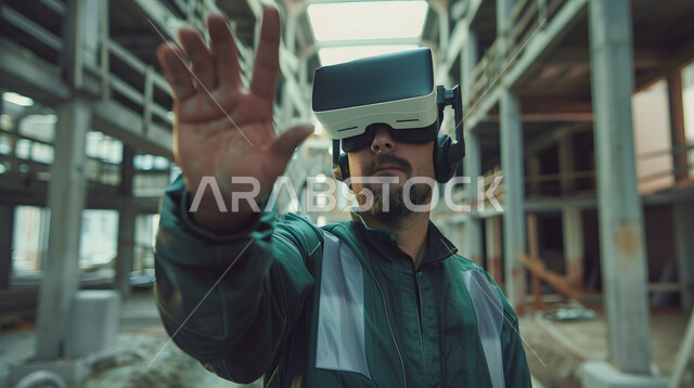  الحماس والاندماج ومحاولة امساك شيء ما ,التفاعل ومحاكاة العالم الخيالي, صورة مقربة لمهندس عربي خليجي سعودي يرتدي الزي الخاص بالعمل يقوم بمشاهدة المخططات الهندسية عبر نظارة الواقع الافتراضي ثلاثية الأبعاد